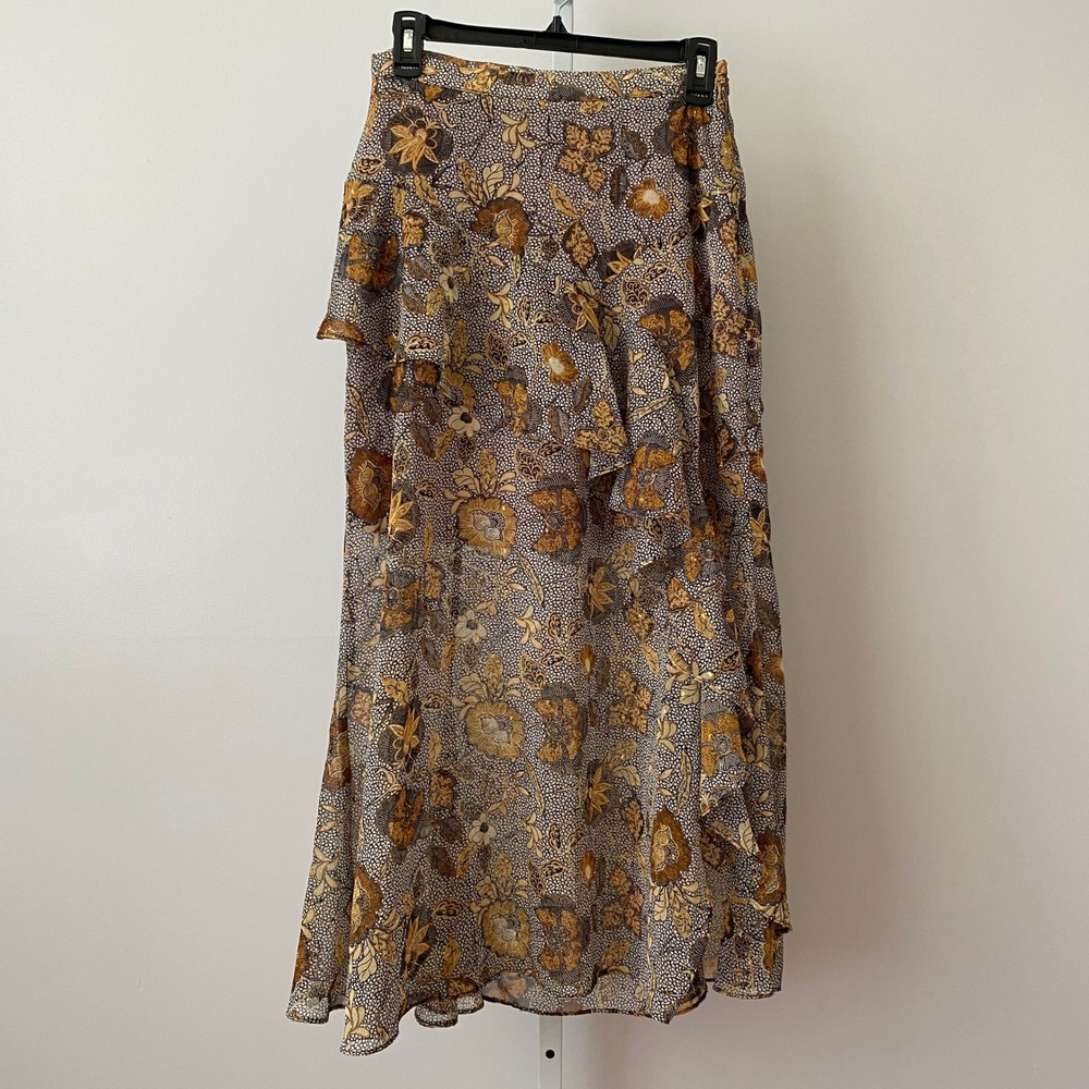 Dress Forum S Brown Floral Maxi Skirt Ruffle High Low Metallic Lurex Boho FS9947